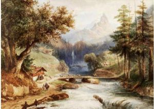 Troupeau De Chevaux Franchissant Un Pont De Montagne by Jean-Jacques Champin