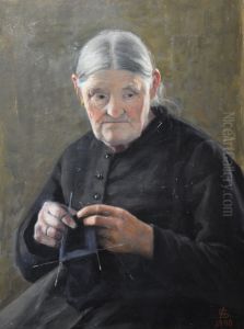 Old woman stitching by Anna Sahlsten