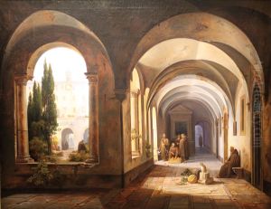 Rom. Im Kreuzgang des Klosters Ara Coeli. Monche im Gesprach by Jodocus Josse Sebastiaen Van Den Abeele
