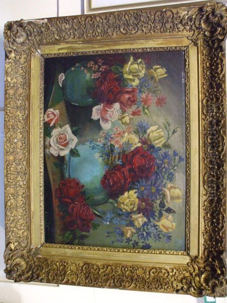 A Still Life Of Summer Rosesand Chrysanthemums In Vases On A Table - view 1
