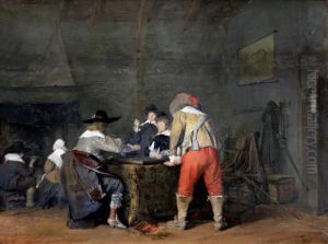 Soldiers playing backgammon in an interior
