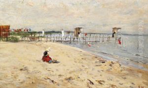 Summer day at Taarbaek beach with a jetty. In the foreground sits a young woman in the sand sewing by Bertha Wegmann