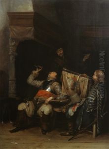 Soldiers drinking, smoking and playing music in an interior by Gerard Ter Borch