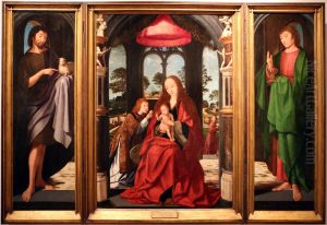 Triptych of the Virgin with the Child and Angels, St. John the Baptist and St. John the Evangelist by Master Of The Morrison Triptych