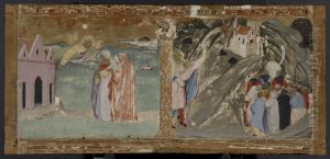 Saint Michael Archangel Makes the Sea Withdraw to Leave a Passage for a Woman who Gave Birth on a Pilgrimage to Tumba, and Saint Michael Archangel and the Bull of Monte Gargano by Fra Angelico