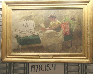 Woman Seated on Green Sofa Woman Seated on Green Sofa