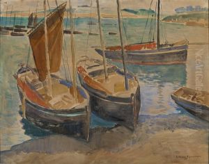 Port with ships in Brittany by Gerrit Willem Van Blaaderen
