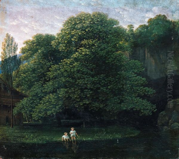 Landscape with two bathing children - view 1