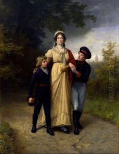 Konigin Luise mit ihren Sohnen im Park von Luisenwahl by Carl Steffeck