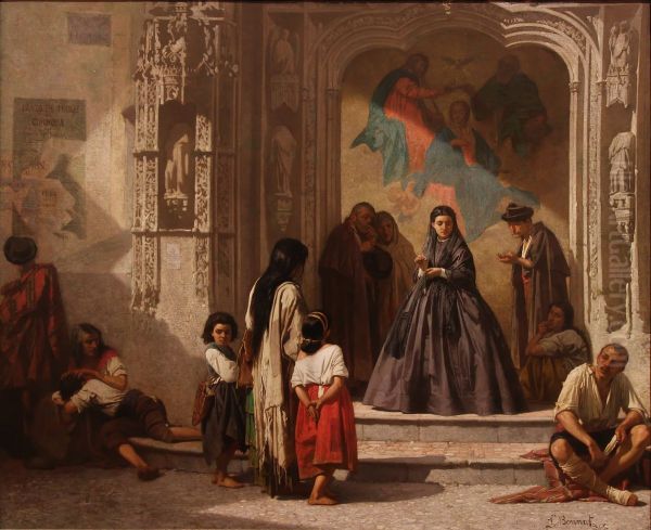 Jeune femme faisant la charite a l'entree de la chapelle de l'hopital San Sebastian a Cordoue - view 1