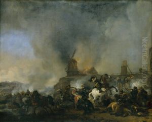 Cavalry in front of a burning mill by Philips Wouwerman