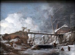 Winter landscape with wooden pier by Philips Wouwerman