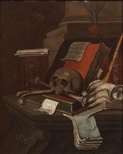 A Still Life With A Skull, Bones, Books, Musical Manuscript, Sand Clock And Papers On A Sculpted Ledge