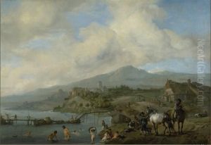 Riverscene with bathers / Riverside with bathers by Philips Wouwerman