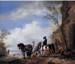 Landscape with three horses, horsemen and bathers near a river
