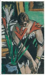 Woman at the toilet with red and white lilies by Max Beckmann