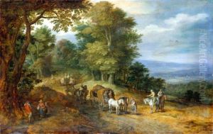 Hilly landscape with figures on a road