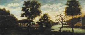 A Landscape With Trees, Red And Yellow Houses On A Lake , Hound Pursuing A Red Fox by Winthrop Chandler