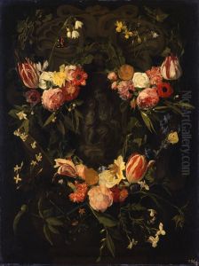 Sculpted cartouche adorned with flowers with a representation of the Virgin and Christ Child