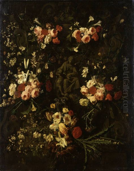 Blumenumwundenes Steinrelief der Maria mit dem Kind - view 1