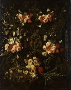 Blumenumwundenes Steinrelief der Maria mit dem Kind Blumenumwundenes Steinrelief der Maria mit dem Kind
