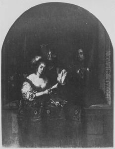 Singende Dame und lautenspielender Herr hinter steinerner Fensterbrustung by Caspar Netscher