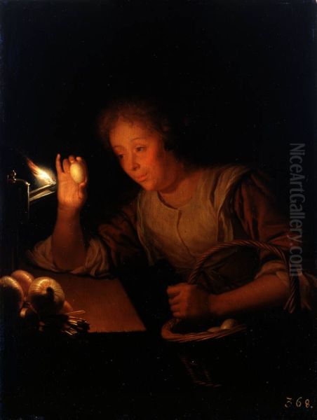 Woman holding an Egg up against a Lamp - view 1