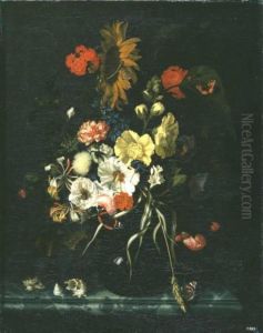 Flowers with a sunflower in a glass vase with shells by Maria van Oosterwijck