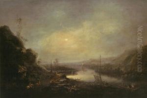 View of the river Elbe at Sornenwitz with the sun rising in the frosty morning by Johann Alexander Thiele