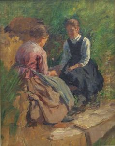 Zwei sitzende Madchen im Grunen by Friedrich Kallmorgen
