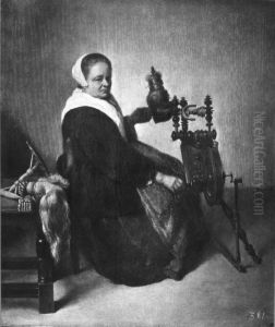 Old woman at the spinning wheel by Caspar Netscher