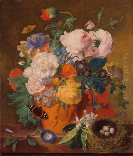 Roses and other flowers in a terracotta pot - view 1