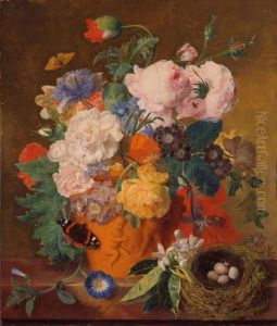 Roses and other flowers in a terracotta pot by Jan Van Huysum