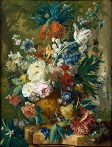 Flowers in a Vase with Crown Imperial and Apple Blossom at the Top and a Statue of Flora 1731-2 by Jan Van Huysum