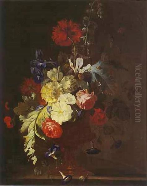Bouquet with hollyhock, opium poppy, and other flowers in a vase with medallion - view 1