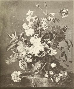 Still Life with Hyacinths and Roses in a Terracotta Vase on a Marble Table by Jan Van Huysum