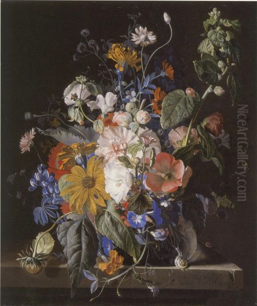 Flower still-life and snails on a stone ledge - view 1