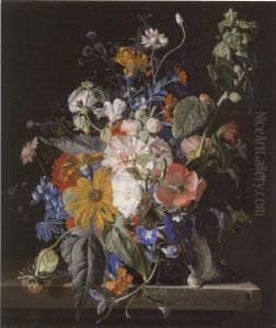 Flower still-life and snails on a stone ledge by Jan Van Huysum