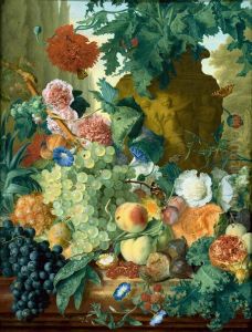 Fruit and Flowers in front of a Garden Vase with an Opium Poppy and a Row of Cypresses 1731-2 by Jan Van Huysum
