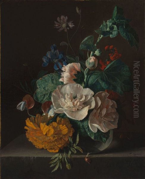 Floral Still Life with Hollyhock and Marigold - view 1