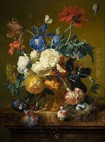 Vase of Flowers in a flower pot and a bird's nest on a marble slab - view 1