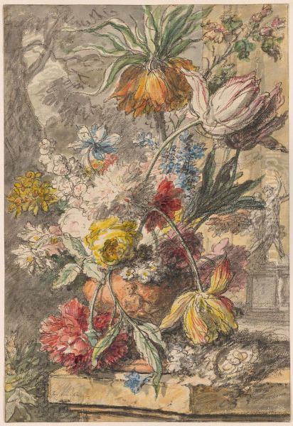 Flowers in an Urn and Bird's Nest on a Stone Plinth, with a Statue of "Apollo and Daphne" in the Background - view 1