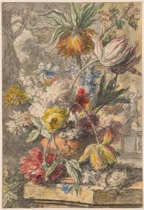 Flowers in an Urn and Bird's Nest on a Stone Plinth, with a Statue of "Apollo and Daphne" in the Background