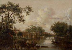 Town with River by Meindert Hobbema