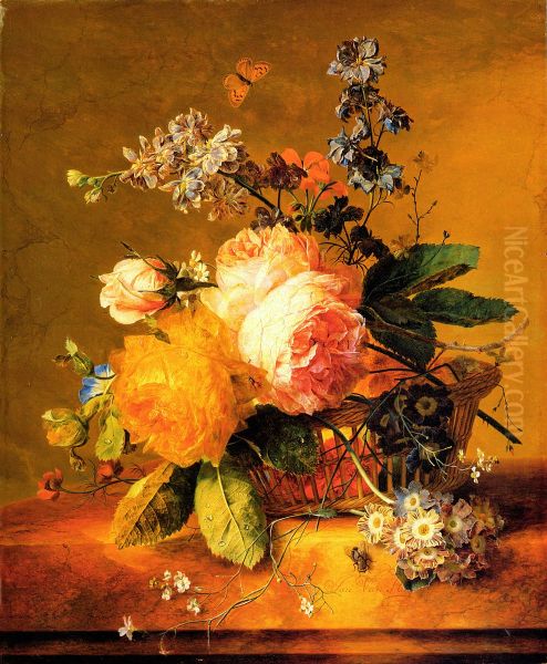 Roses and other flowers in a wicker basket on a marble ledge - view 1