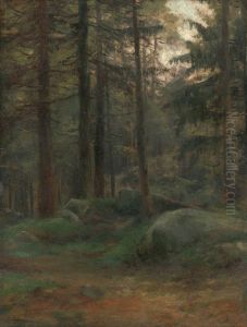 Interior of Coniferious Woods with Rocks by Lajos Csordak