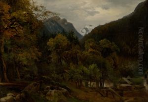 Mountain Landscape with Wooden Huts by Sandor Brodszky