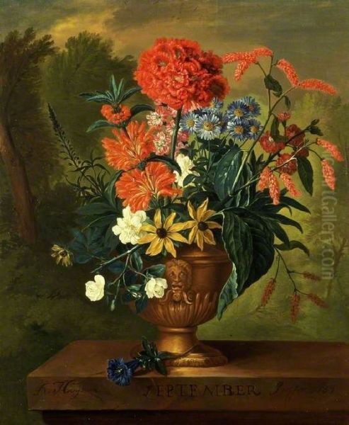 SEPTEMBER-Bloemstilleven in een vaas, versierd met een leeuwenmasker, op een marmeren piedestal, voor een landschap - view 1