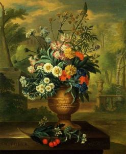 OCTOBER-Bloemstilleven in een vaas, op een marmeren piedestal, voor een landschap met rechts een balustrade met daarop een urn