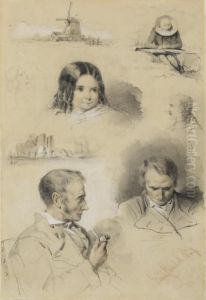 Feuille D'etude Avec Deux Petits Paysages, Quatre Tetes D'hommes Et Un Visage De Fillette Feuille D'etude Avec Deux Petits Paysages, Quatre Tetes D'hommes Et Un Visage De Fillette